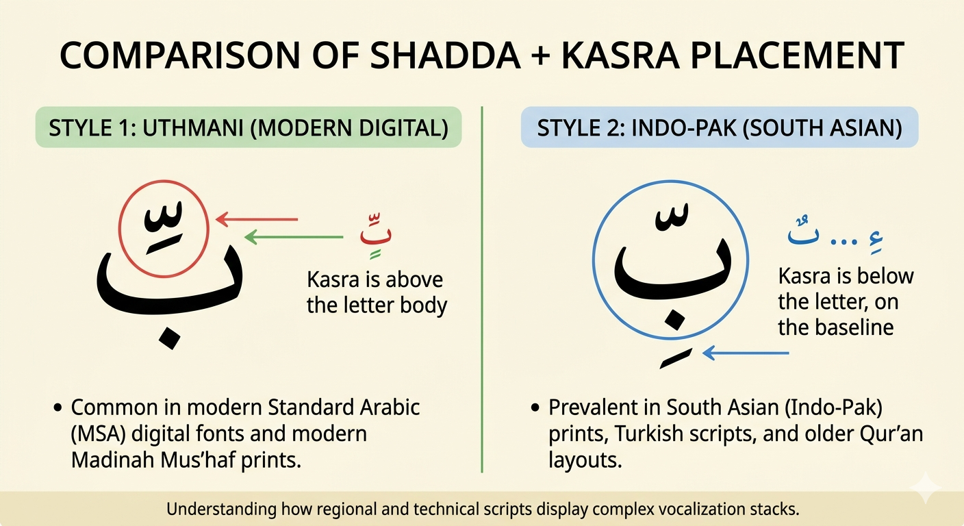 Comparison showing the same shadda plus kasra pronunciation written two ways: with the kasra below the shadda, and with the kasra below the base letter.